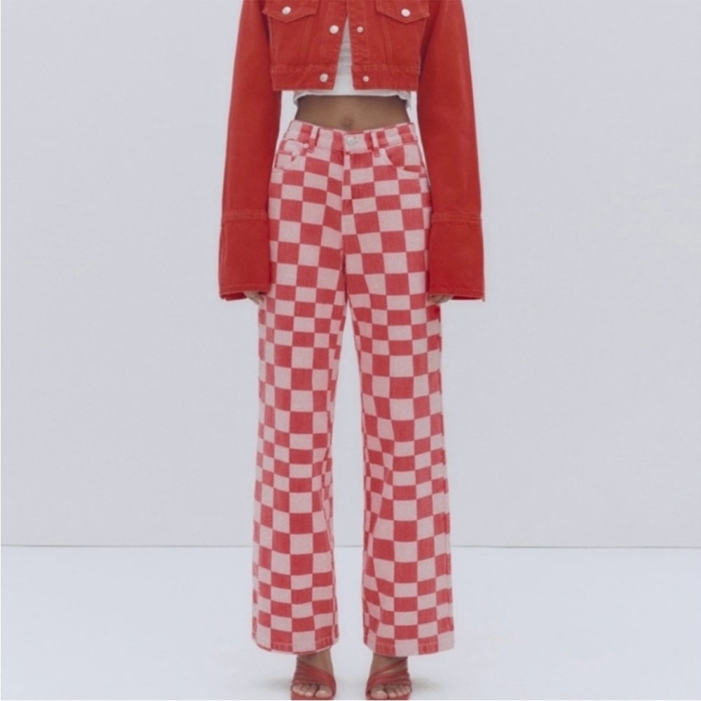 Zara Wide Leg Checkered Jeans Size 0